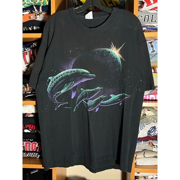 Vintage 90s Habitat Dolphin Outer Space AOP Nature Tee - Picture 1 of 5